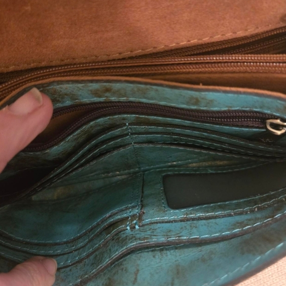 Patricia Nash Teal and Gold Floral Embossed Leather Crossbody - Picture 3 of 6